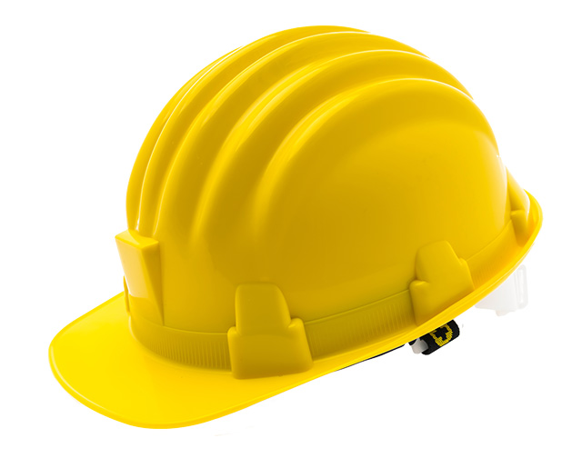 yellow hard plastic construction helmet on white background